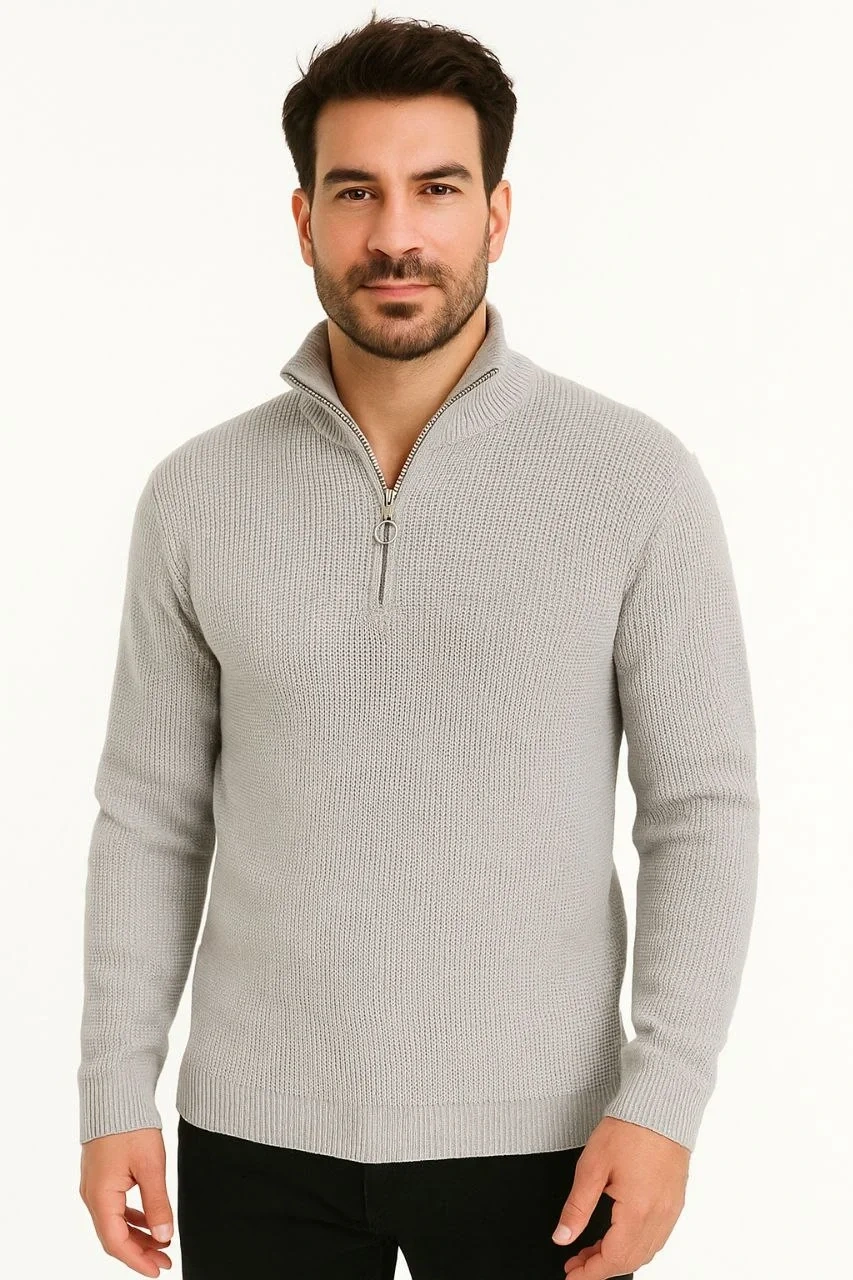 Erkek Yarım Fermuarlı Triko Kazak – Selanik Örgü, Dik Yaka, Pamuklu Dokuma, Regular Fit Uzun Kollu Kışlık Model - Gri