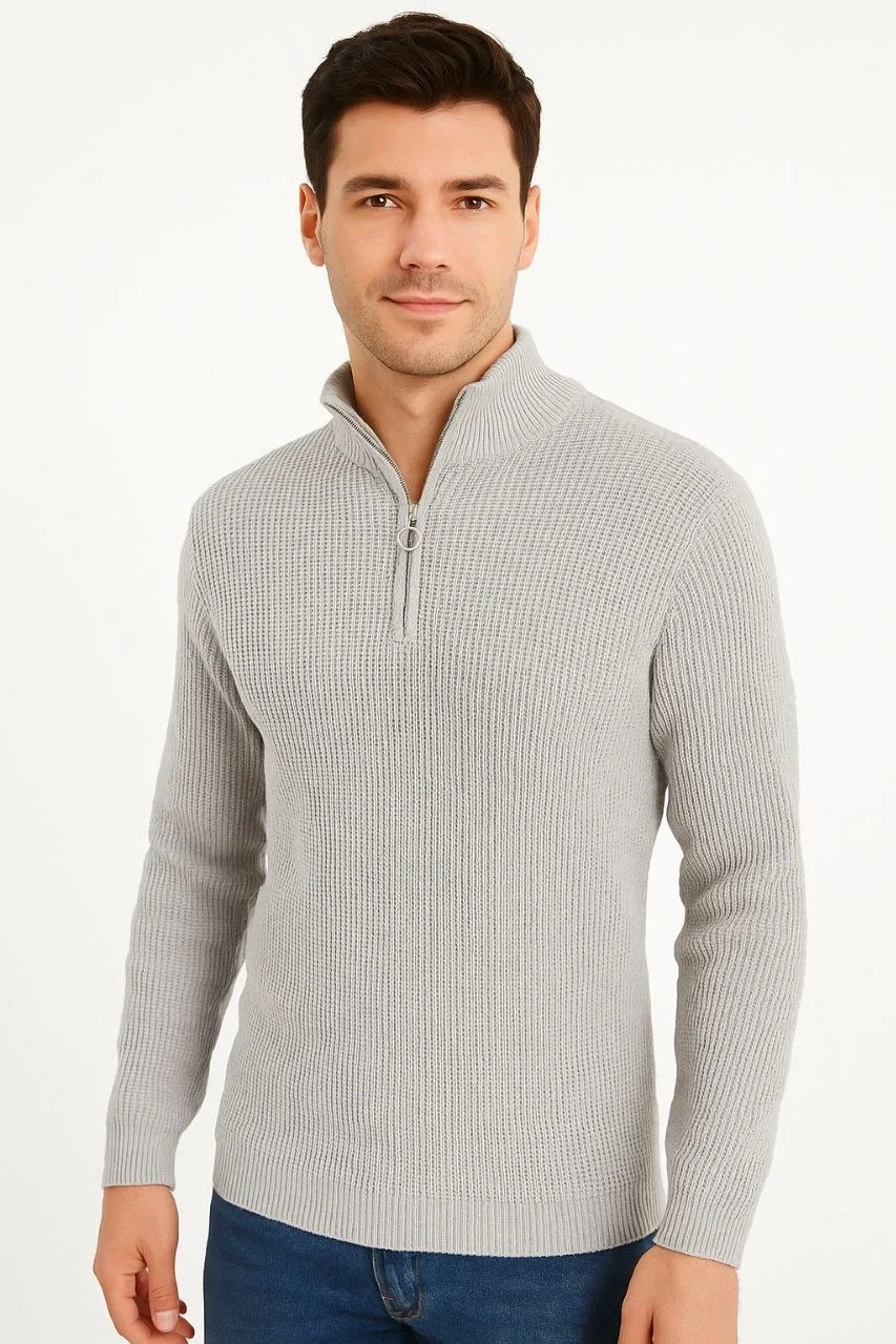 Erkek Yarım Fermuarlı Triko Kazak – Selanik Örgü, Dik Yaka, Pamuklu Dokuma, Regular Fit Uzun Kollu Kışlık Model - Gri