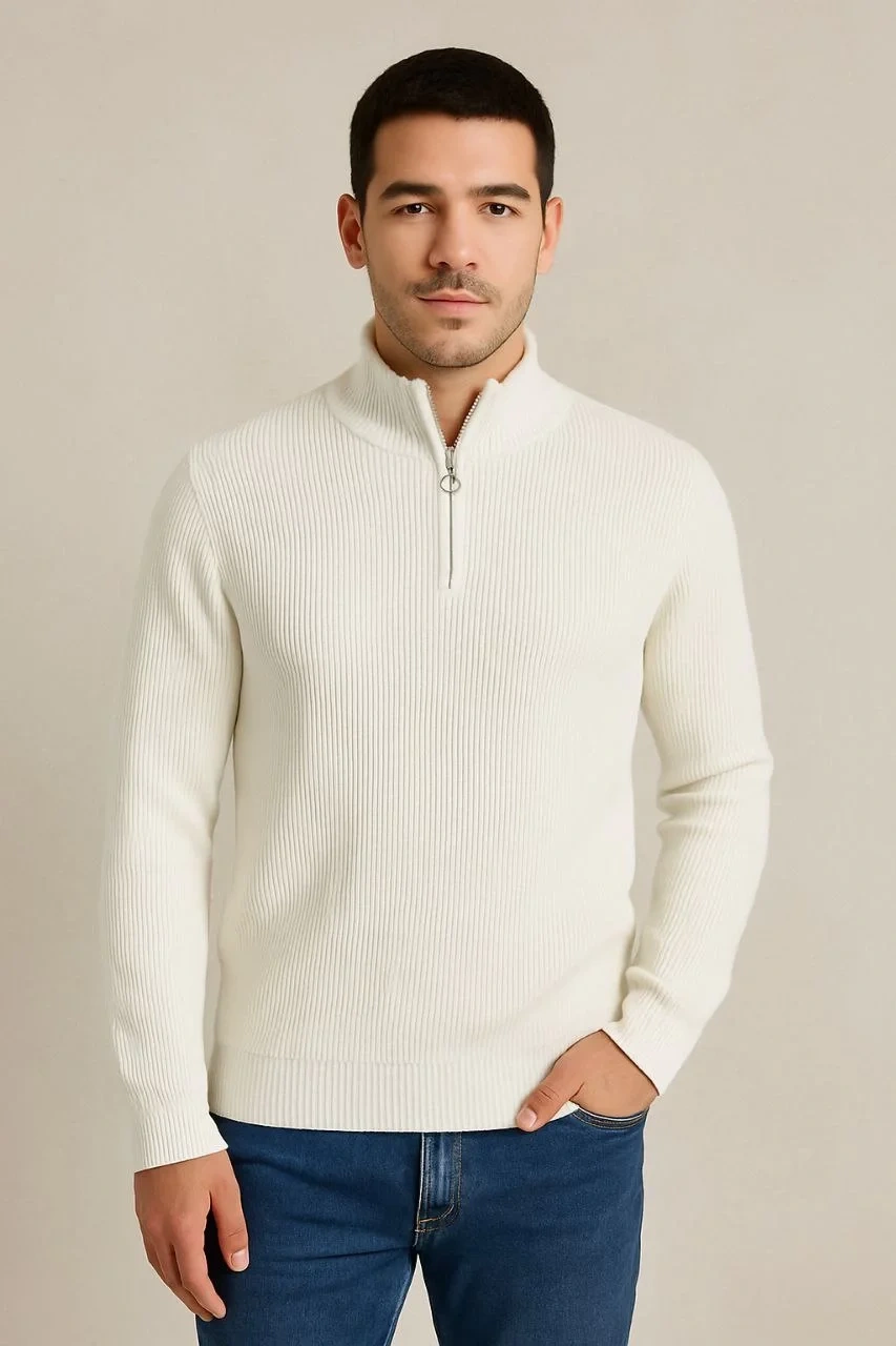Erkek Yarım Fermuarlı Triko Kazak – Selanik Örgü, Dik Yaka, Pamuklu Dokuma, Regular Fit Uzun Kollu Kışlık Model - Beyaz