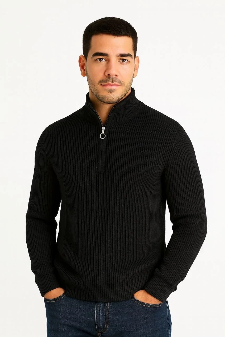 Erkek Yarım Fermuarlı Triko Kazak – Selanik Örgü, Dik Yaka, Pamuklu Dokuma, Regular Fit Uzun Kollu Kışlık Model - Siyah