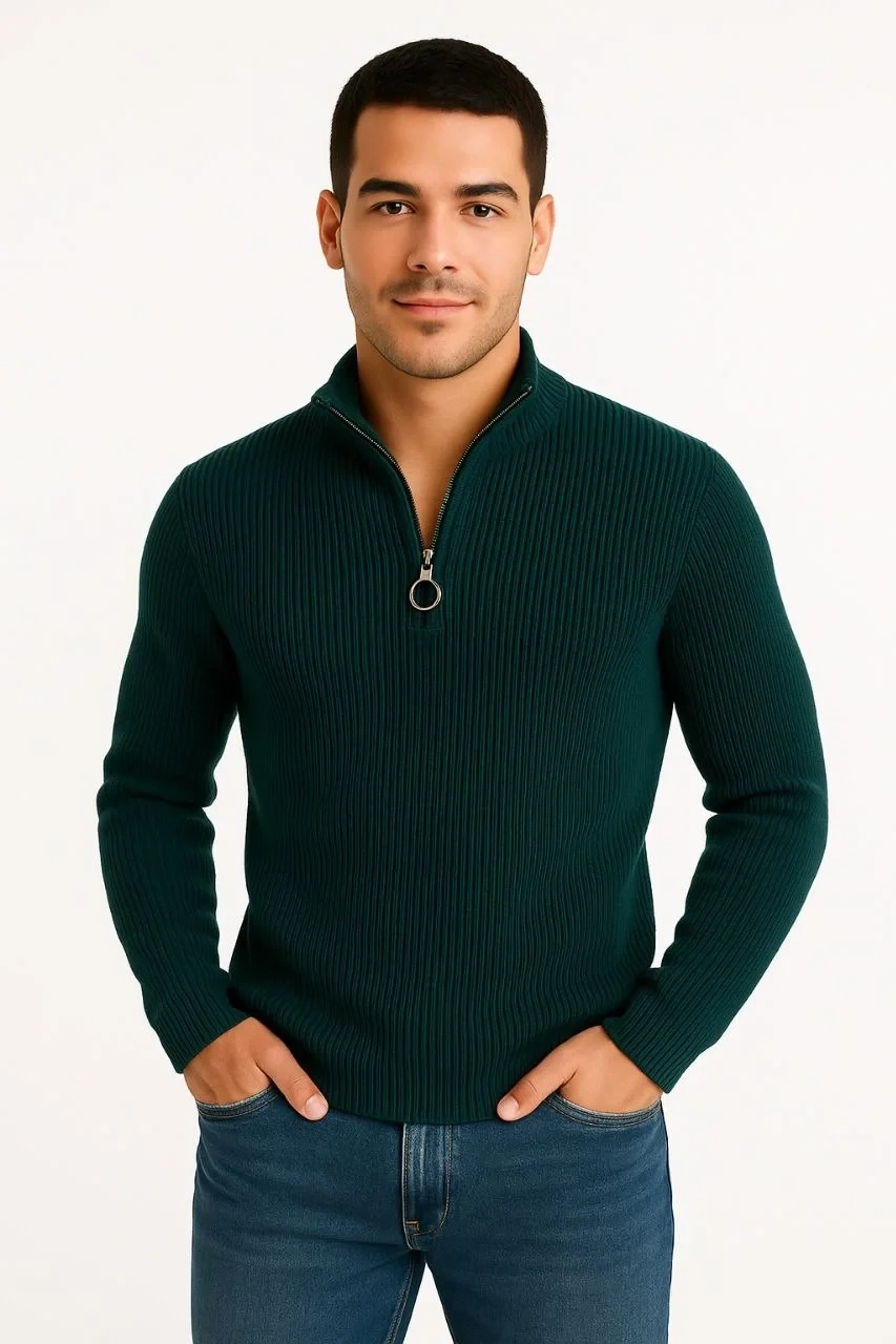 Erkek Yarım Fermuarlı Triko Kazak – Selanik Örgü, Dik Yaka, Pamuklu Dokuma, Regular Fit Uzun Kollu Kışlık Model - Haki