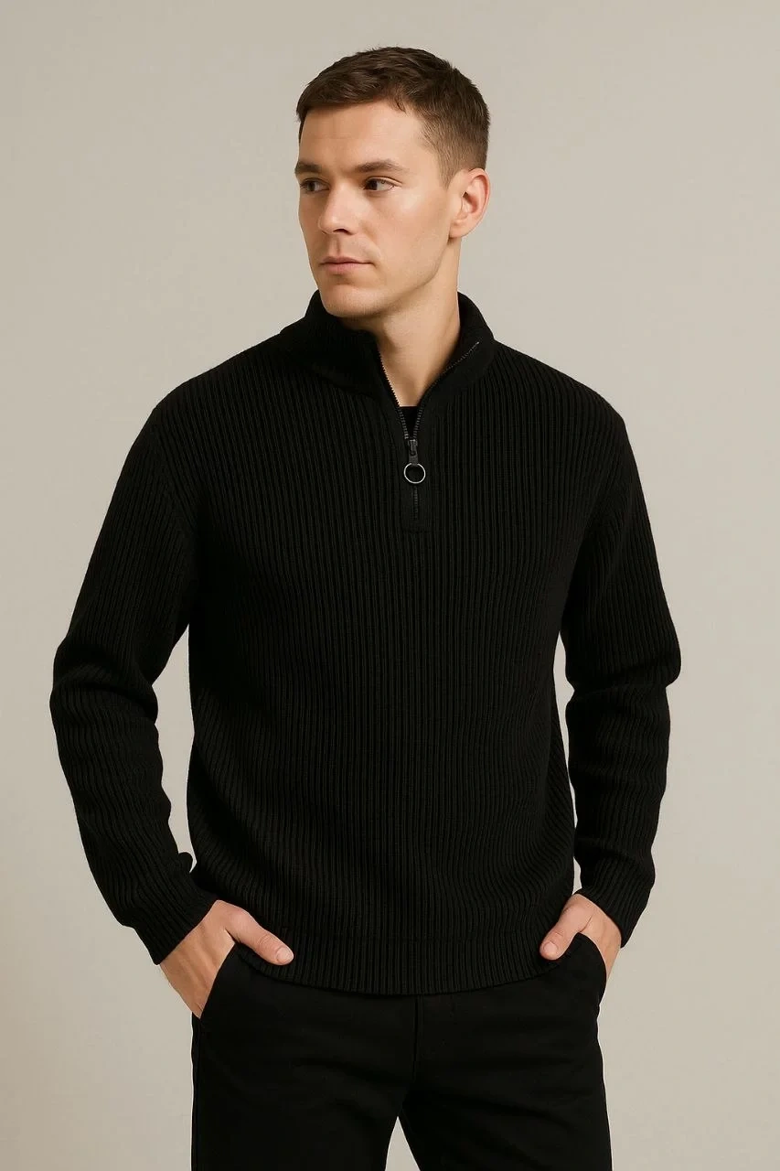Erkek Yarım Fermuarlı Triko Kazak – Selanik Örgü, Dik Yaka, Pamuklu Dokuma, Regular Fit Uzun Kollu Kışlık Model - Siyah