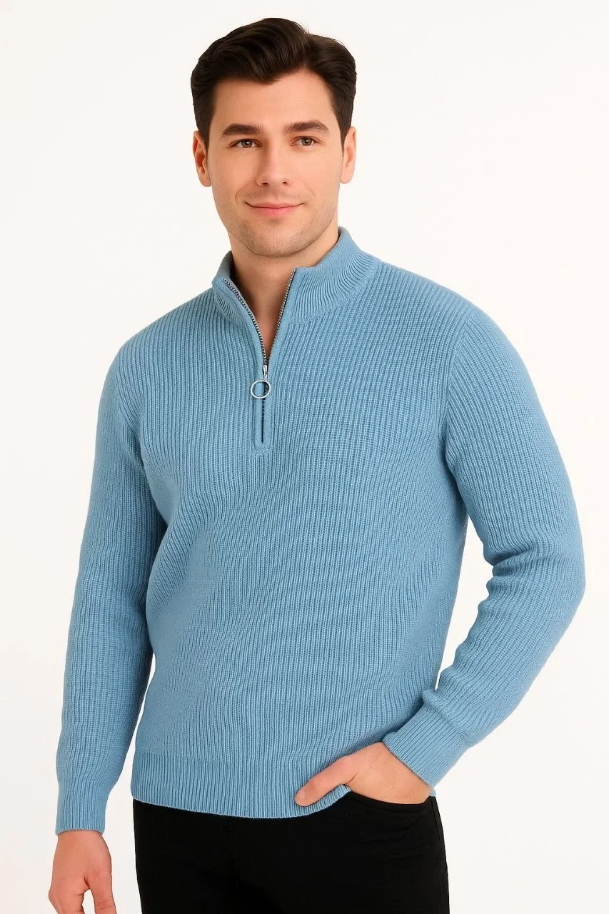 Erkek Yarım Fermuarlı Triko Kazak – Selanik Örgü, Dik Yaka, Pamuklu Dokuma, Regular Fit Uzun Kollu Kışlık Model - Bebe Mavisi