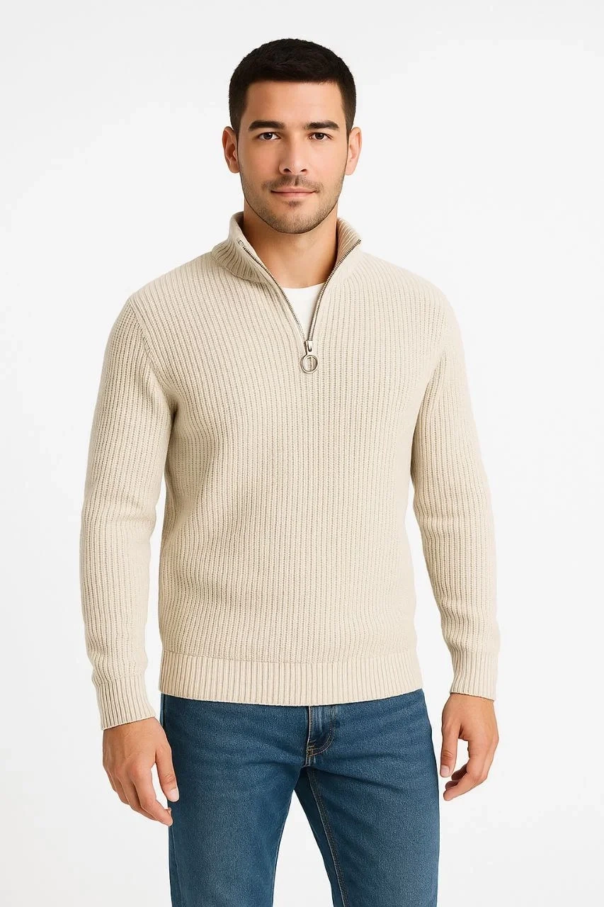 Erkek Yarım Fermuarlı Triko Kazak – Selanik Örgü, Dik Yaka, Pamuklu Dokuma, Regular Fit Uzun Kollu Kışlık Model - Bej