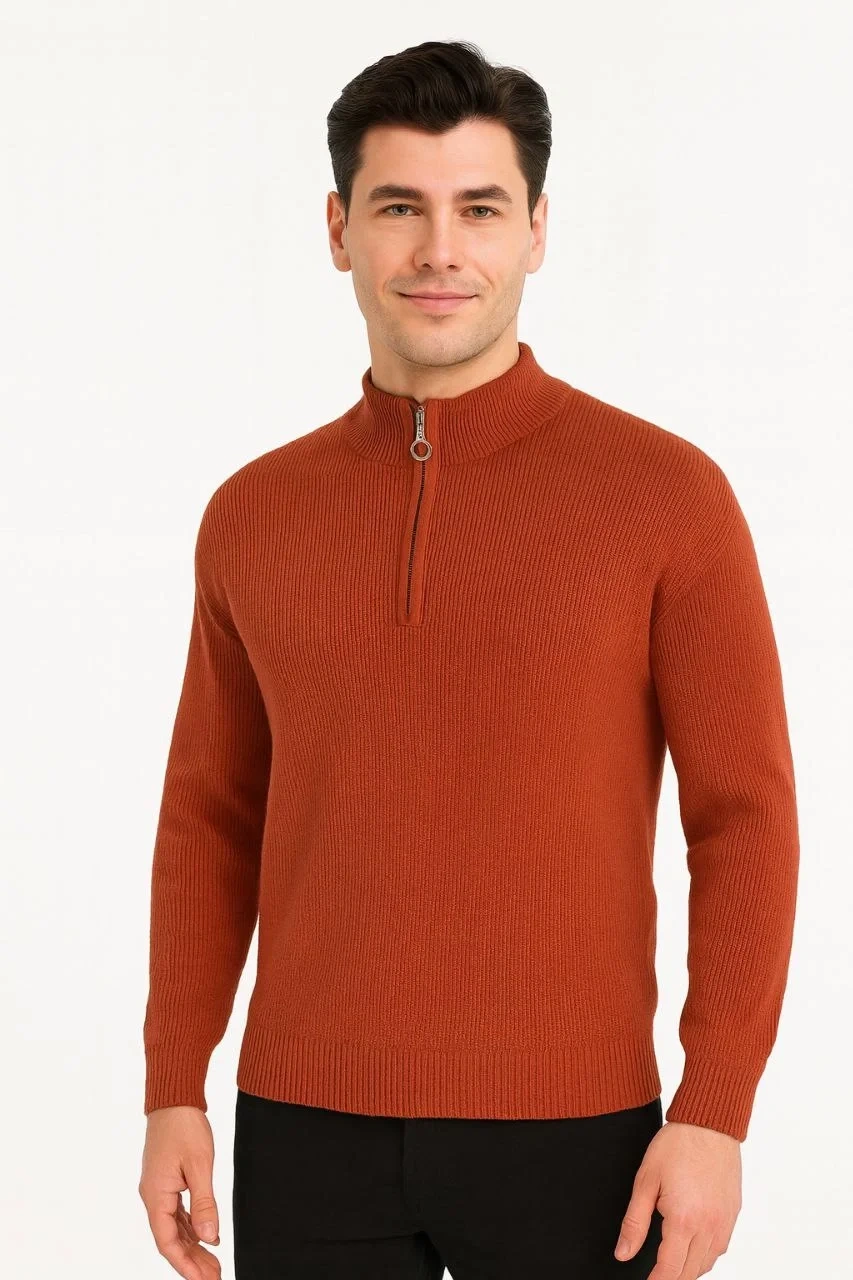 KADIN Yarım Fermuarlı Triko Kazak – Selanik Örgü, Dik Yaka, Pamuklu Dokuma, Oversize Uzun Kollu Kışlık Model - Füme