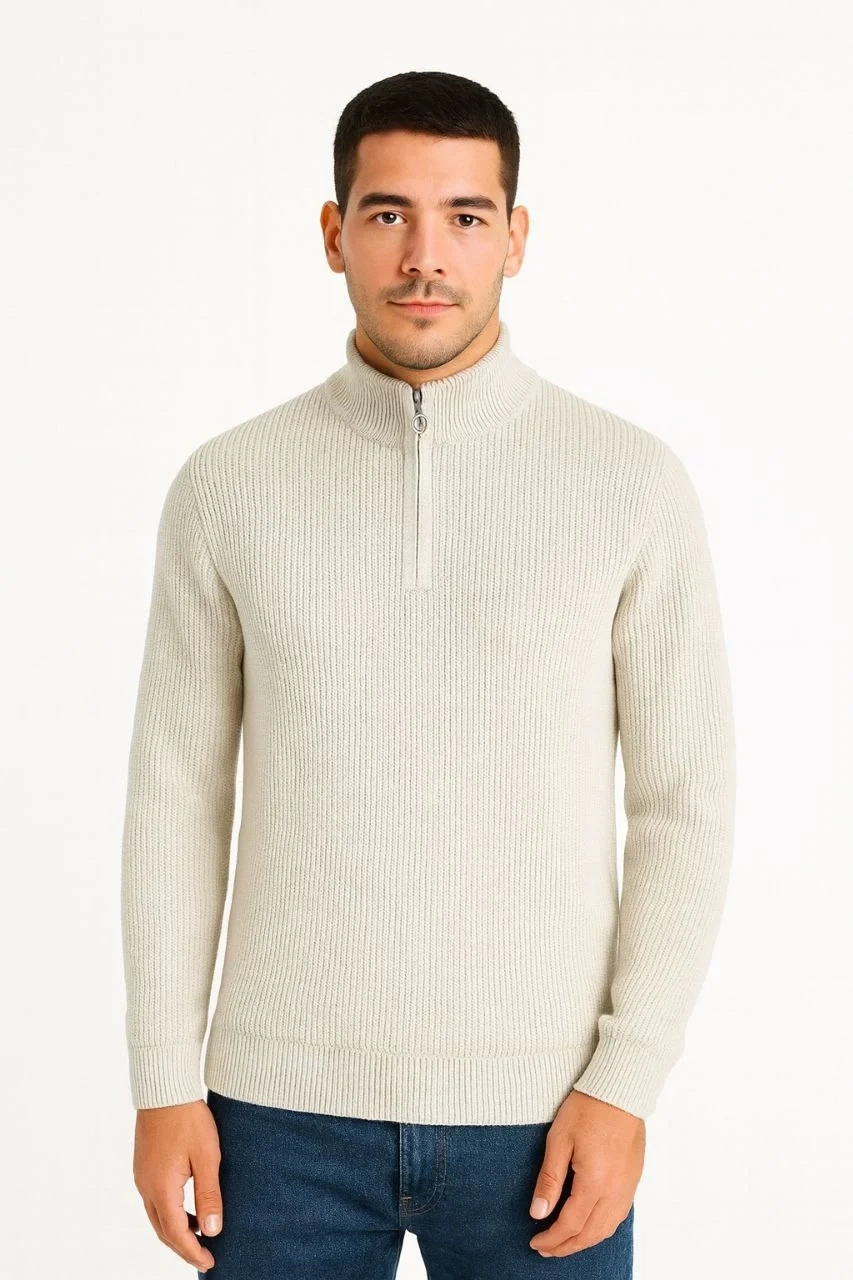 Erkek Yarım Fermuarlı Triko Kazak – Selanik Örgü, Dik Yaka, Pamuklu Dokuma, Regular Fit Uzun Kollu Kışlık Model - Bej