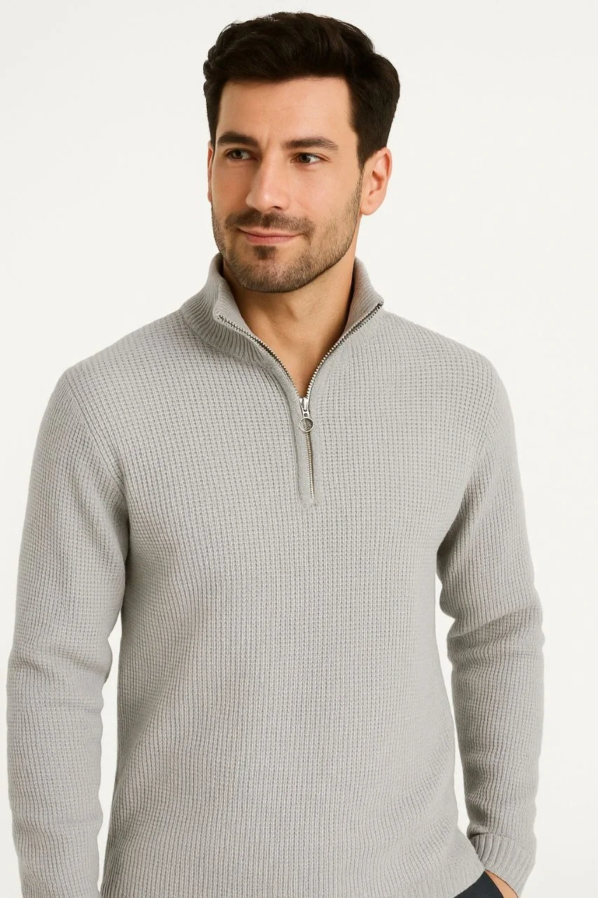 Erkek Yarım Fermuarlı Triko Kazak – Selanik Örgü, Dik Yaka, Pamuklu Dokuma, Regular Fit Uzun Kollu Kışlık Model - Gri