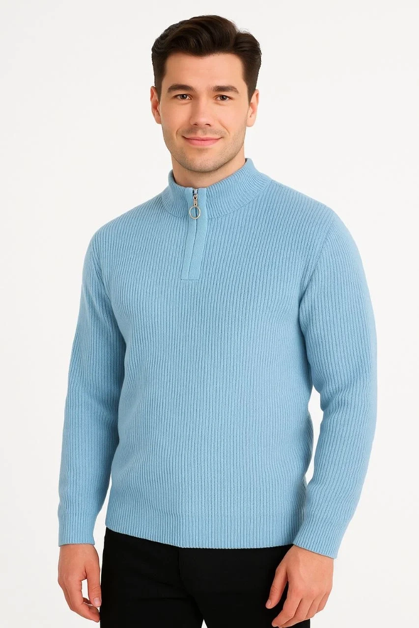 Erkek Yarım Fermuarlı Triko Kazak – Selanik Örgü, Dik Yaka, Pamuklu Dokuma, Regular Fit Uzun Kollu Kışlık Model - Bebe Mavisi