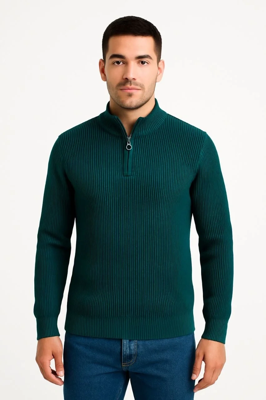 Erkek Yarım Fermuarlı Triko Kazak – Selanik Örgü, Dik Yaka, Pamuklu Dokuma, Regular Fit Uzun Kollu Kışlık Model - Haki