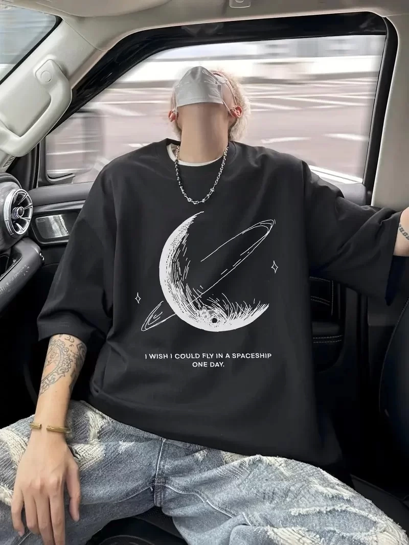 Erkekler için Siyah Tişört Grafik Genç Emo Vintage Gotik Rahat Büyük Beden Kısa Kollu Tişört Giysi Üst- Siyah