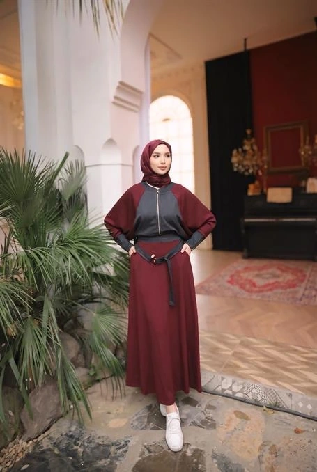 Fermuarlı Kot Detaylı İkili Tesettür Etek Takımı - (38-46) - 71365 - Bordo