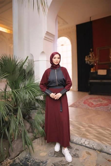 Fermuarlı Kot Detaylı İkili Tesettür Etek Takımı - (38-46) - 71365 - Bordo