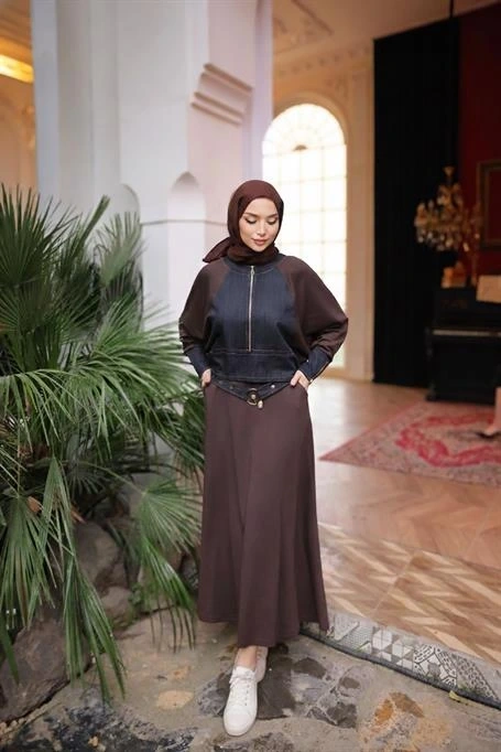 Fermuarlı Kot Detaylı İkili Tesettür Etek Takımı - (38-46) - 71365 - Kahverengi