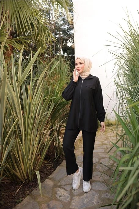 Fermuarlı Yaka Cepkli Kısa İkili Tesettür Eşofman Takımı - (38-46) - 71248 - Siyah