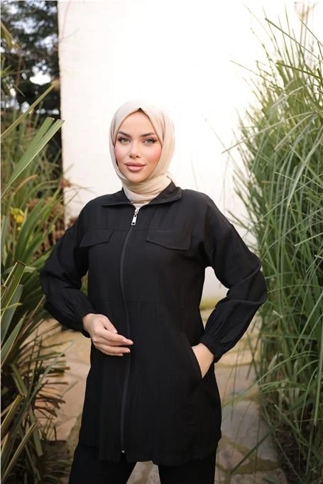 Fermuarlı Yaka Cepkli Kısa İkili Tesettür Eşofman Takımı - (38-46) - 71248 - Siyah