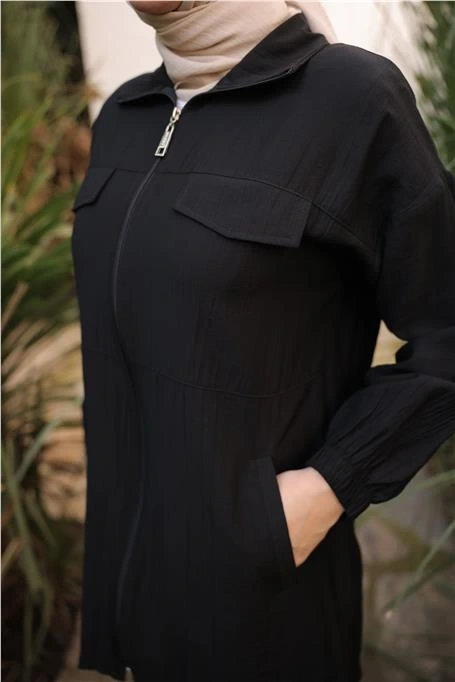 Fermuarlı Yaka Cepkli Kısa İkili Tesettür Eşofman Takımı - (38-46) - 71248 - Siyah