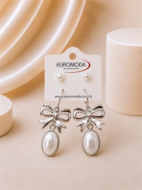 Fiyonk Oval Taş Detaylı İnci Kristal Taşlı 2li Sallantılı Küpe Seti