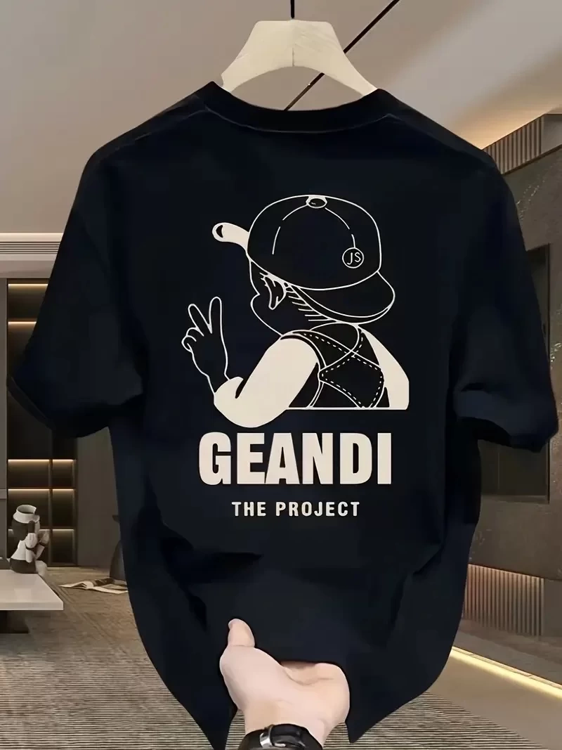 Geniş Kesim Pamuklu Tişört - GANDHI The Project Baskılı, Siyah, Rahat Kesim, Kısa Kollu, Günlük Kıyafet, Her Gün Giyilebilecek Tişört- Siyah