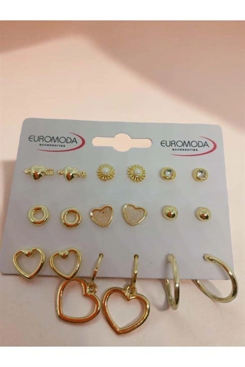 Gold Halka Kalp Figürlü 9lu Küpe Seti