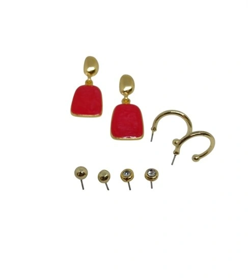 Gold  Kırmızı Mineli Vidalı 4lü Küpe Seti