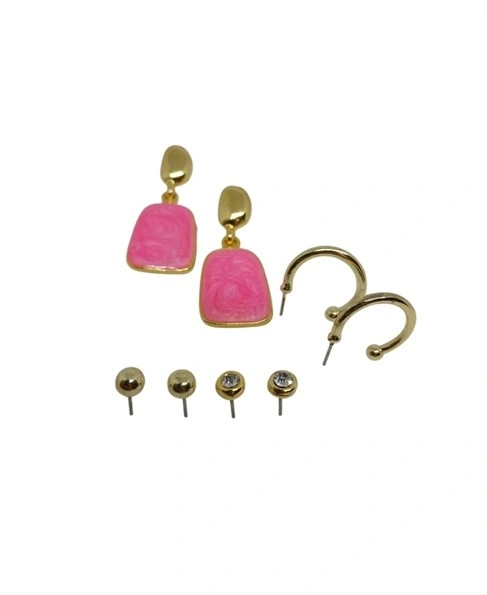 Gold  Pembe Mineli Vidalı 4lü Küpe Seti