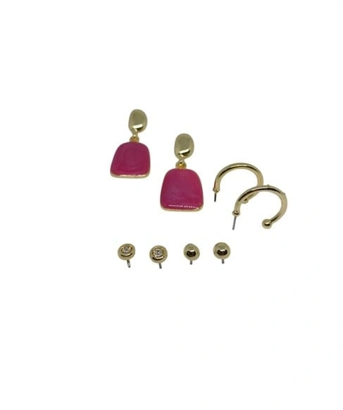 Gold Pembe Mineli Vidalı 4lü Küpe Seti