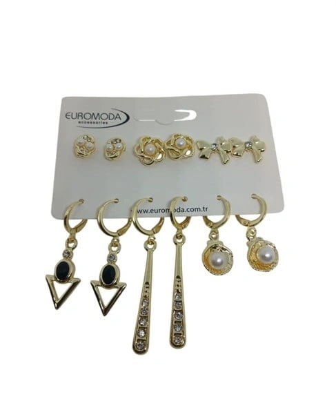 Gold Renk Çiçek Fiyonk Figürlü 6lı Küpe Seti