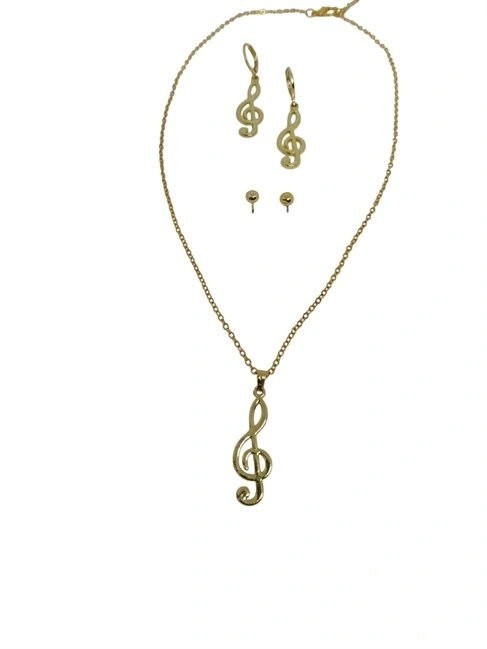 Gold Renk Müzik Nota Detaylı 3lü Kolye Top Küpe Seti