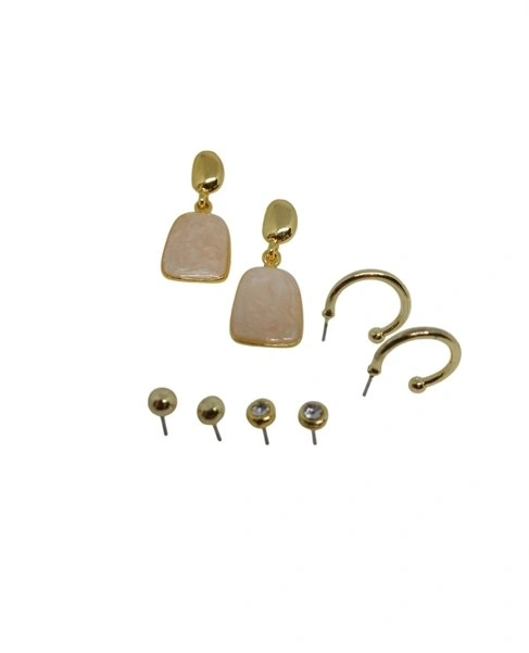 Gold  Ekru Mineli Vidalı 4lü Küpe Seti