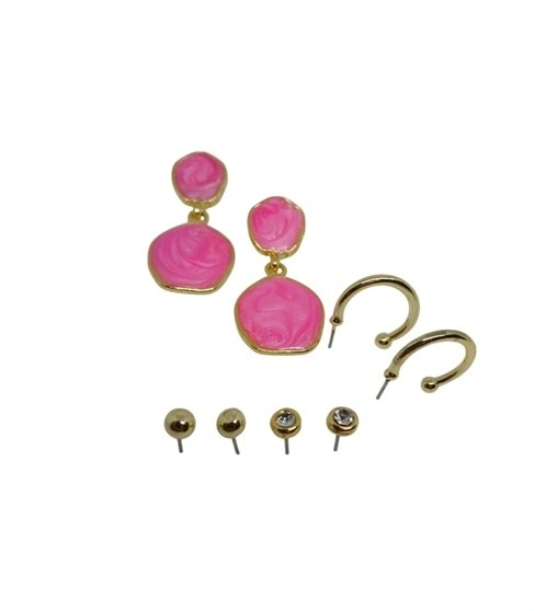 Gold Yuvarlak Pembe Mineli Vidalı 4lü Küpe Seti