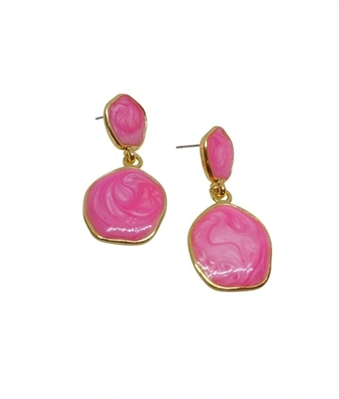 Gold Yuvarlak Pembe Mineli Vidalı 4lü Küpe Seti