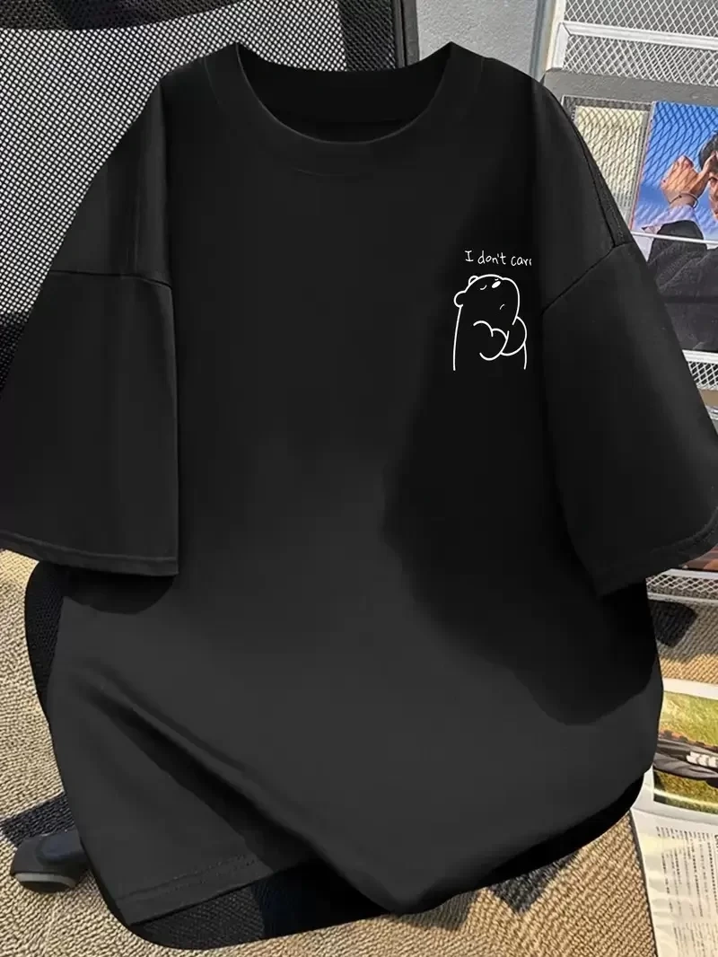 [Günlük T-Shirt] Hafif Kadın Günlük T-Shirt | Bol Kesim, Kısa Kollu, Yuvarlak Yaka, Eğlenceli Karikatür Ayı ve Umrumda Değil Baskı - Günlük Stil, İlkbahar/Yaz- Siyah