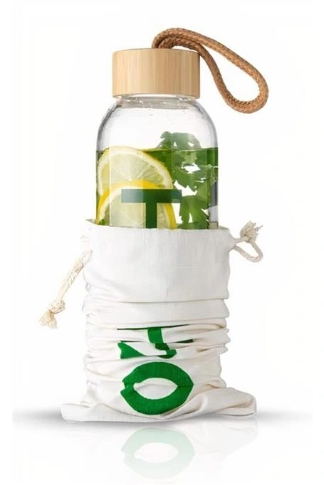 H2o Borosilikat Cam Matara Bambu Vakum Kapaklı Su Şişesi Suluk - 600 ml