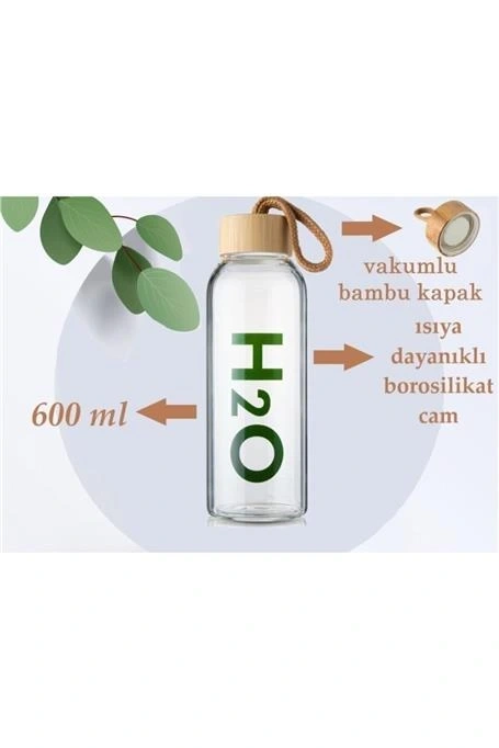 H2o Borosilikat Cam Matara Bambu Vakum Kapaklı Su Şişesi Suluk - 600 ml
