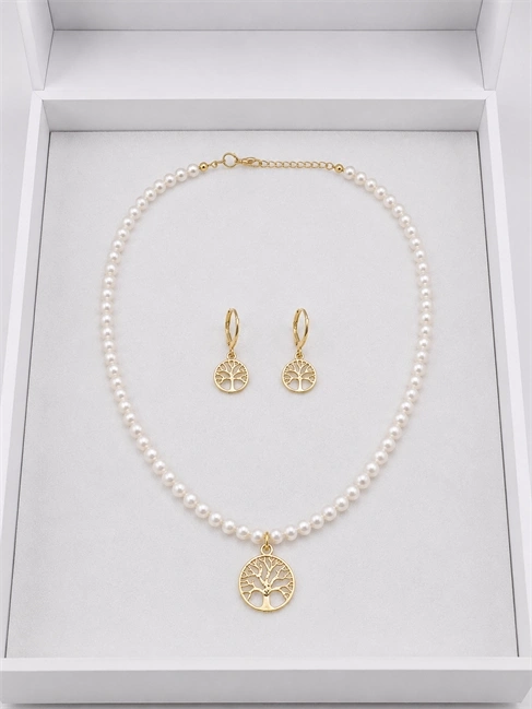 Hayat Ağacı Gold Detaylı İnci 2li Kolye Ve Küpe Seti