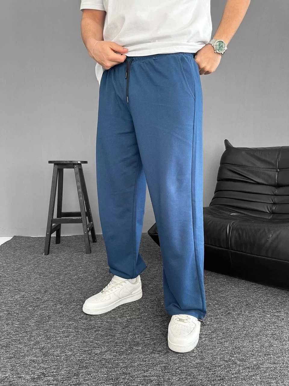 İki İplik Kumaş Beli Lastikli Yarı Flota Cepli Boru Paça Baggy Alt Esofman - Turkuaz