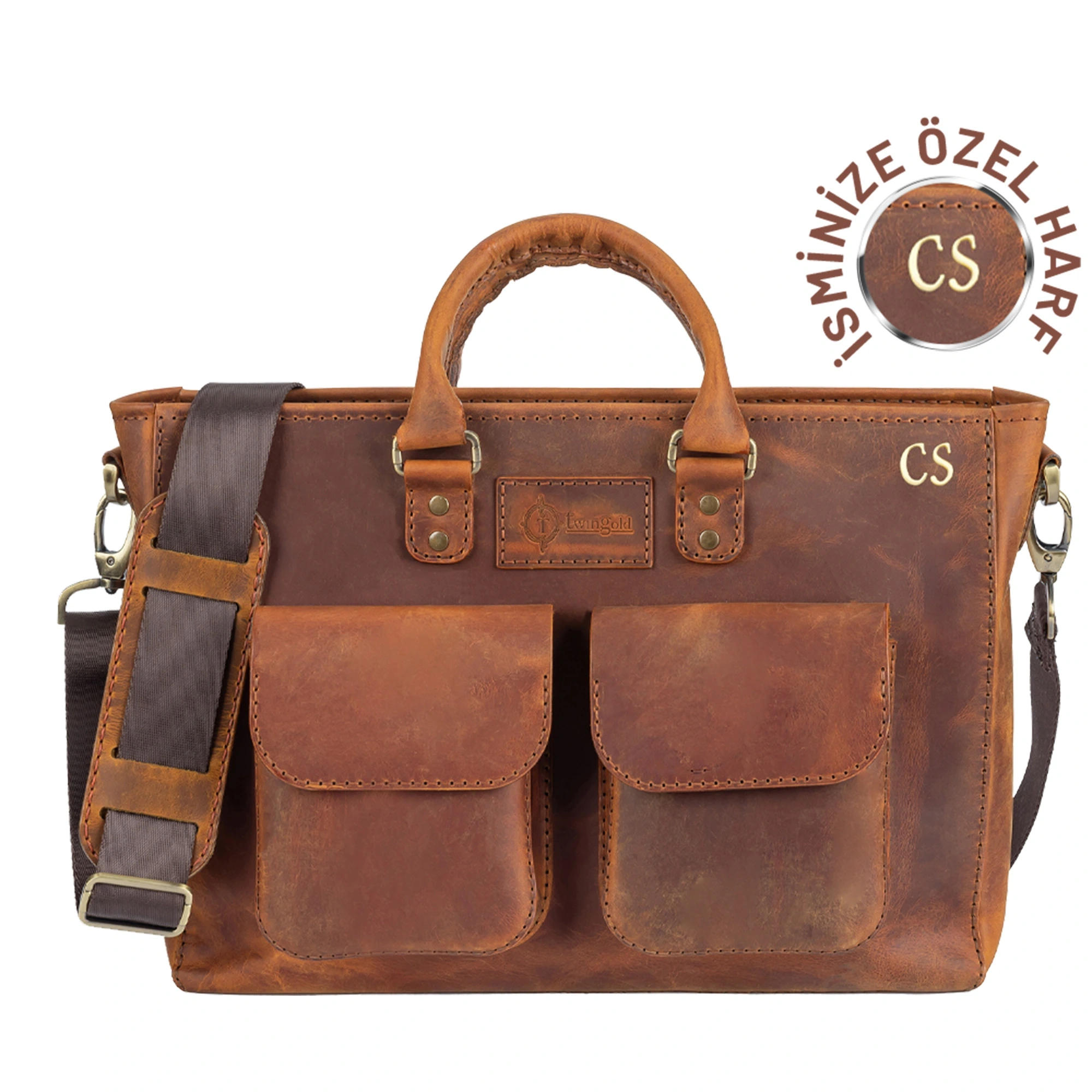 İsme Özel Askılı Cepli Evrak - Laptop Çantası - %100 Crazy Deri - AC09003 - Taba