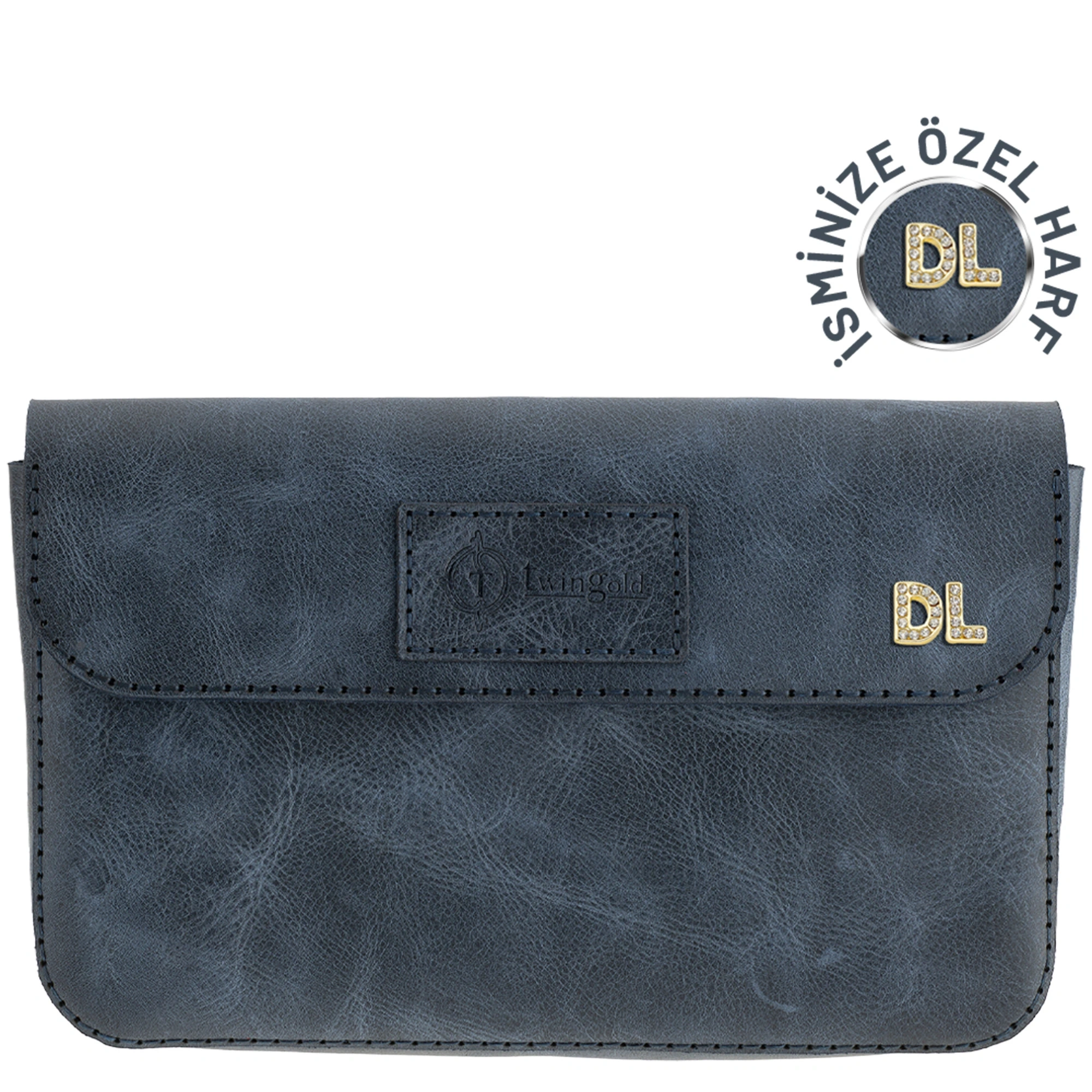 İsme Özel Çıtçıtlı Küçük El Çantası - %100 Rainbow Deri - AC14001 - Lacivert