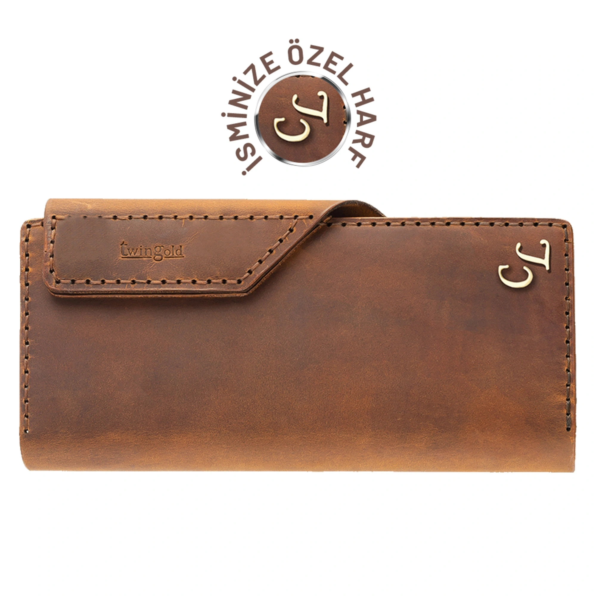 İsme Özel Dikey Çıtçıtlı Uzun Cüzdan - %100 Crazy Deri - A010002 - Taba