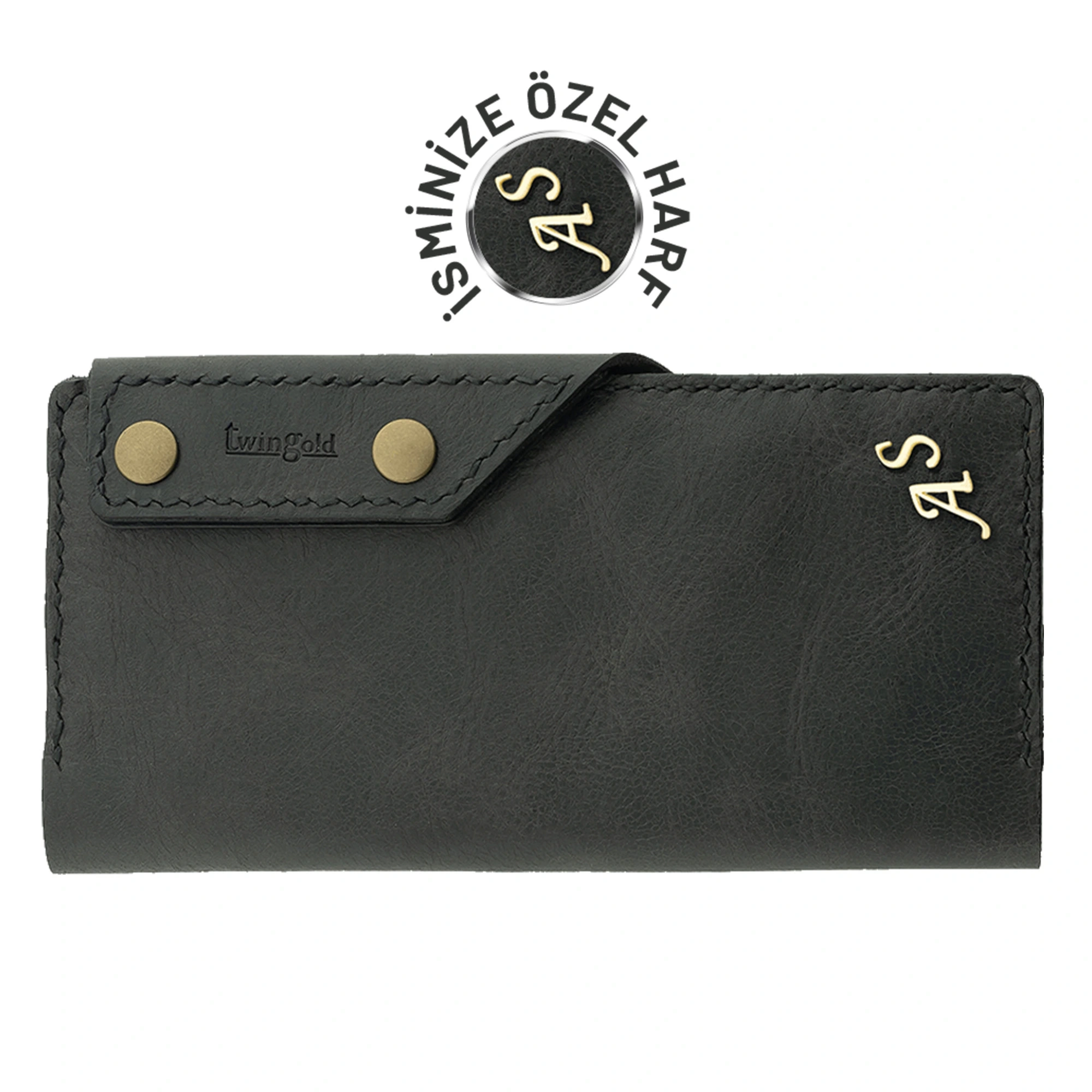 İsme Özel Dikey Çıtçıtlı Uzun Cüzdan - %100 Rainbow Deri - A010006 - Antrasit