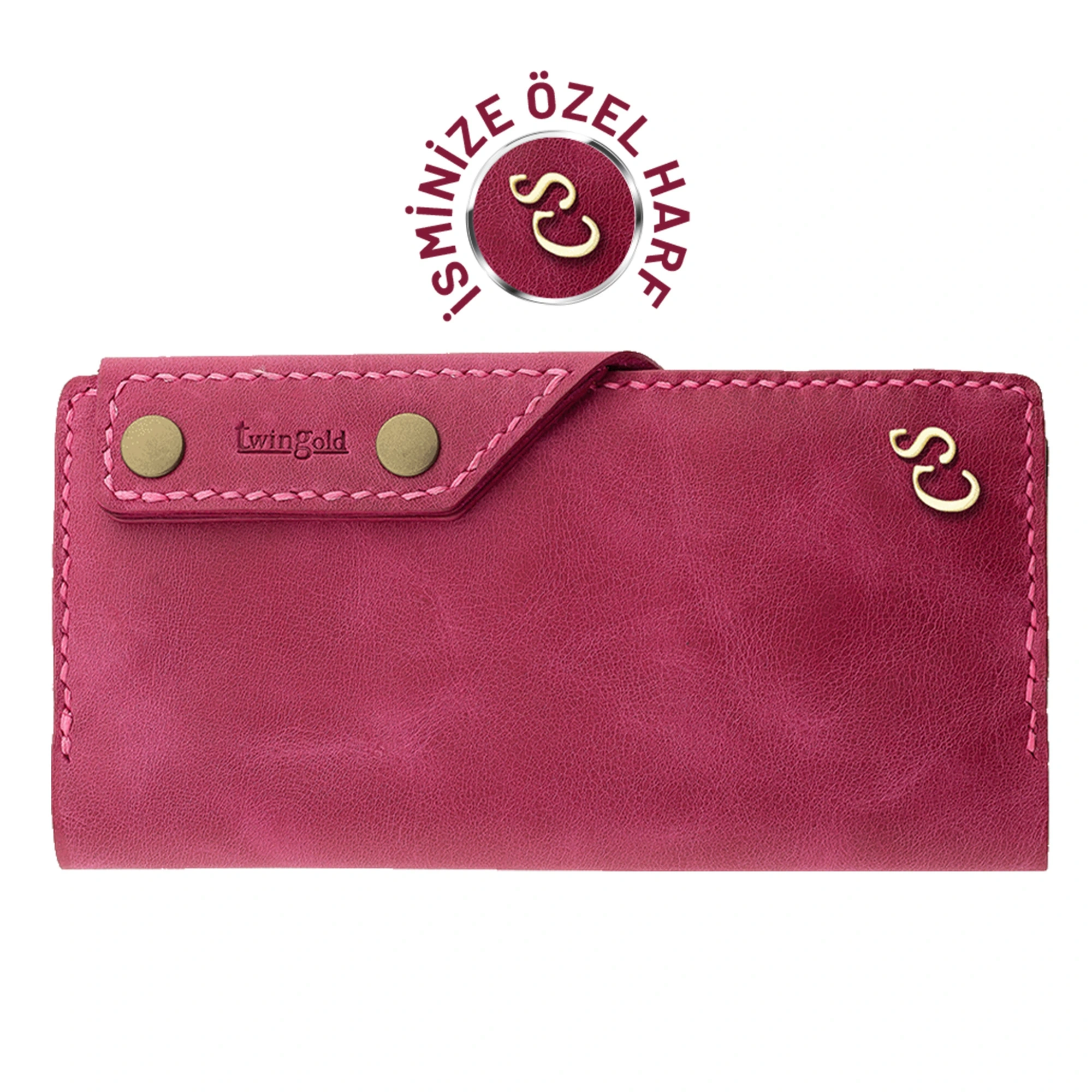 İsme Özel Dikey Çıtçıtlı Uzun Cüzdan - %100 Rainbow Deri - A010006 - Fuşya