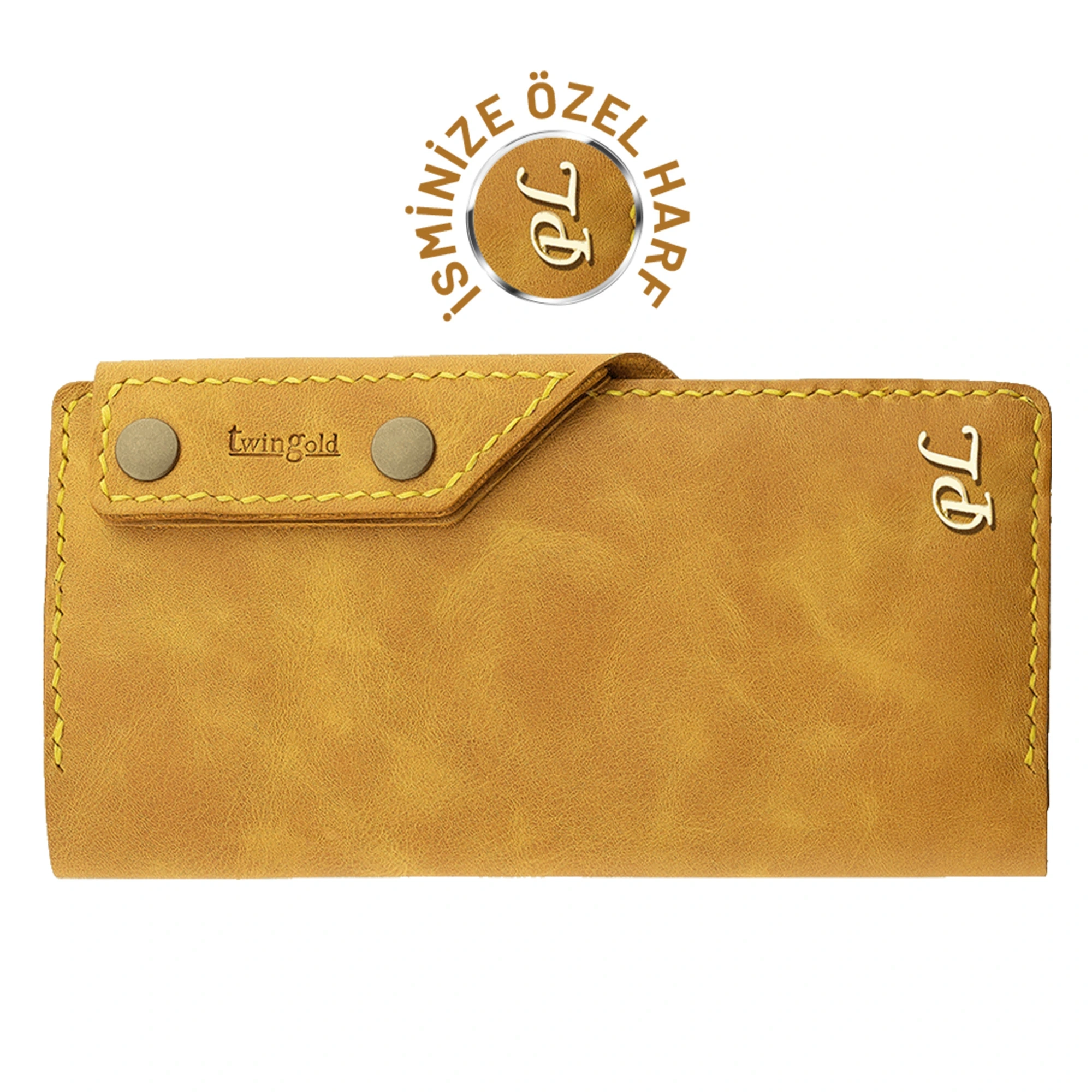 İsme Özel Dikey Çıtçıtlı Uzun Cüzdan - %100 Rainbow Deri - A010006 - Hardal Sarısı