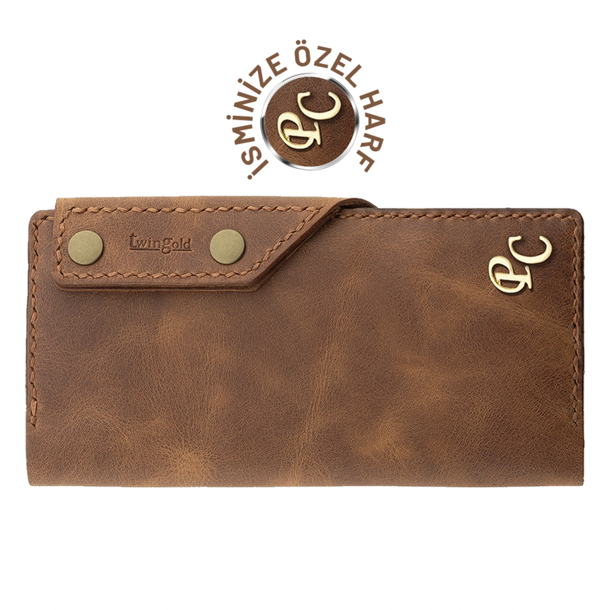 İsme Özel Dikey Çıtçıtlı Uzun Cüzdan - %100 Rainbow Deri - A010006 - Kahverengi