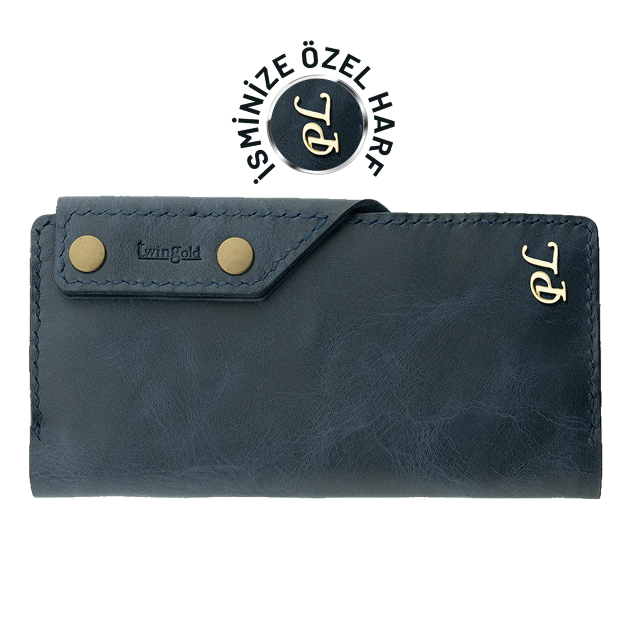 İsme Özel Dikey Çıtçıtlı Uzun Cüzdan - %100 Rainbow Deri - A010006 - Lacivert