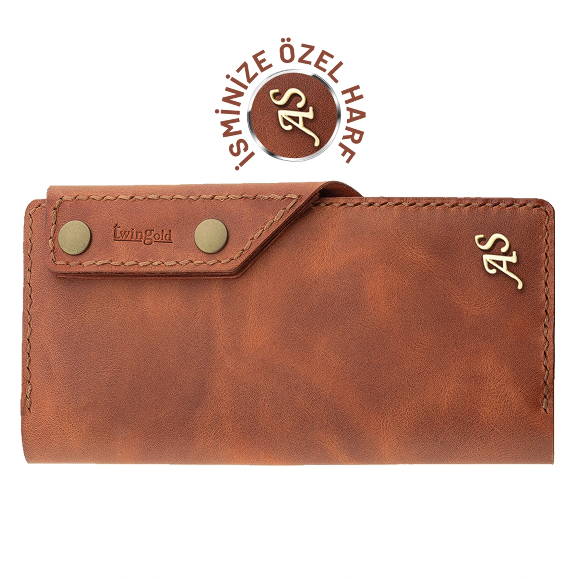 İsme Özel Dikey Çıtçıtlı Uzun Cüzdan - %100 Rainbow Deri - A010006 - Tobacco