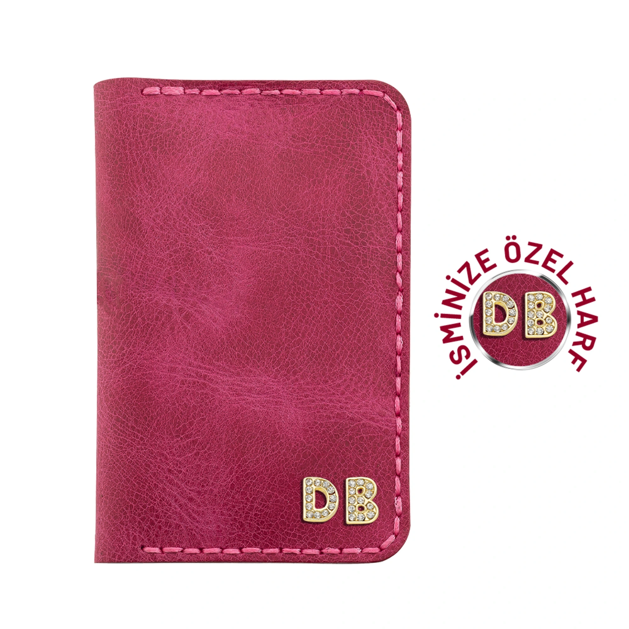 İsme Özel Dikey Mini Cüzdan - %100 Rainbow Deri - A010005 - Fuşya