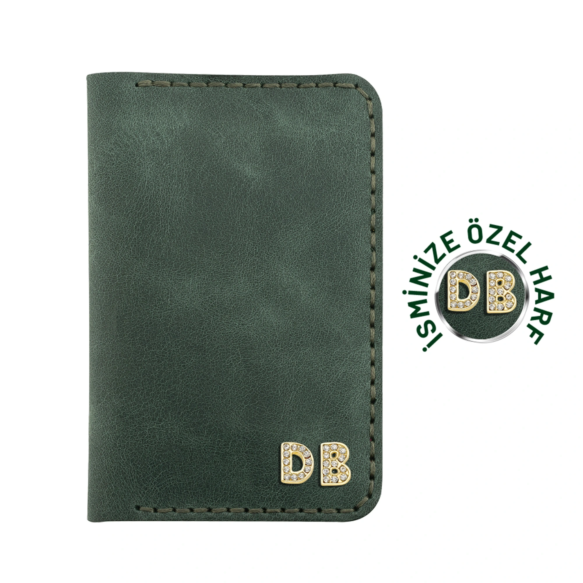 İsme Özel Dikey Mini Cüzdan - %100 Rainbow Deri - A010005 - Haki