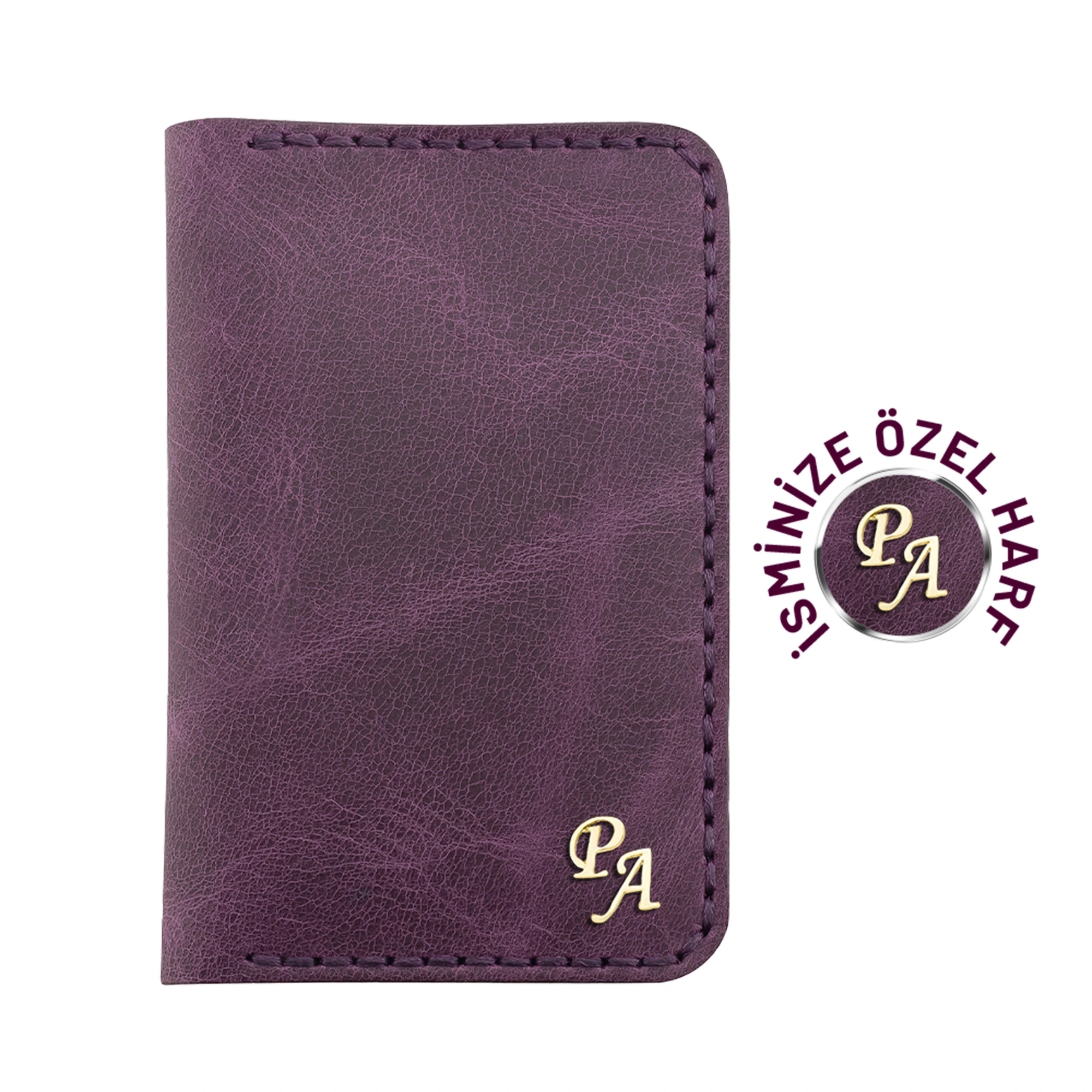 İsme Özel Dikey Mini Cüzdan - %100 Rainbow Deri - A010005 - Mor