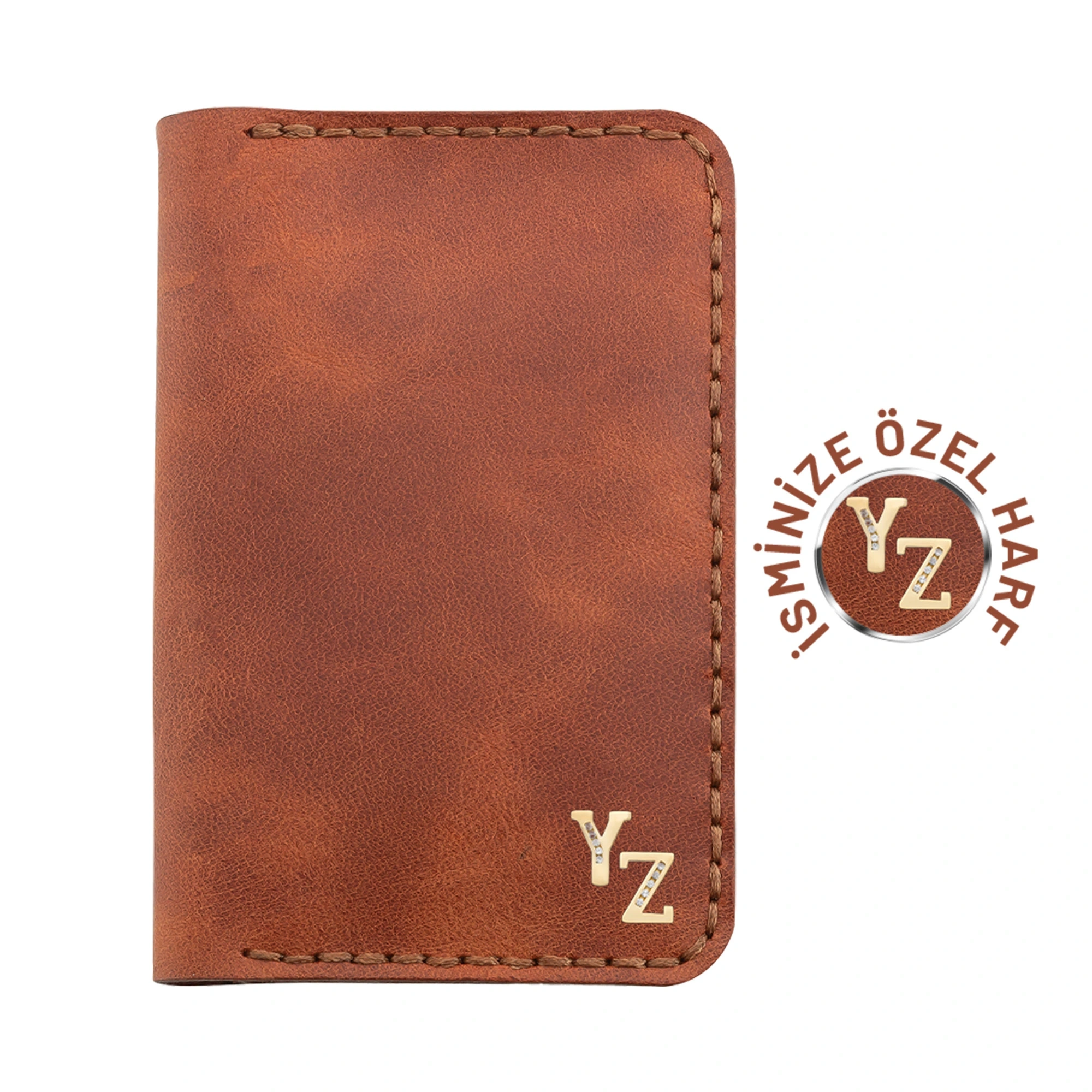 İsme Özel Dikey Mini Cüzdan - %100 Rainbow Deri - A010005 - Tobacco