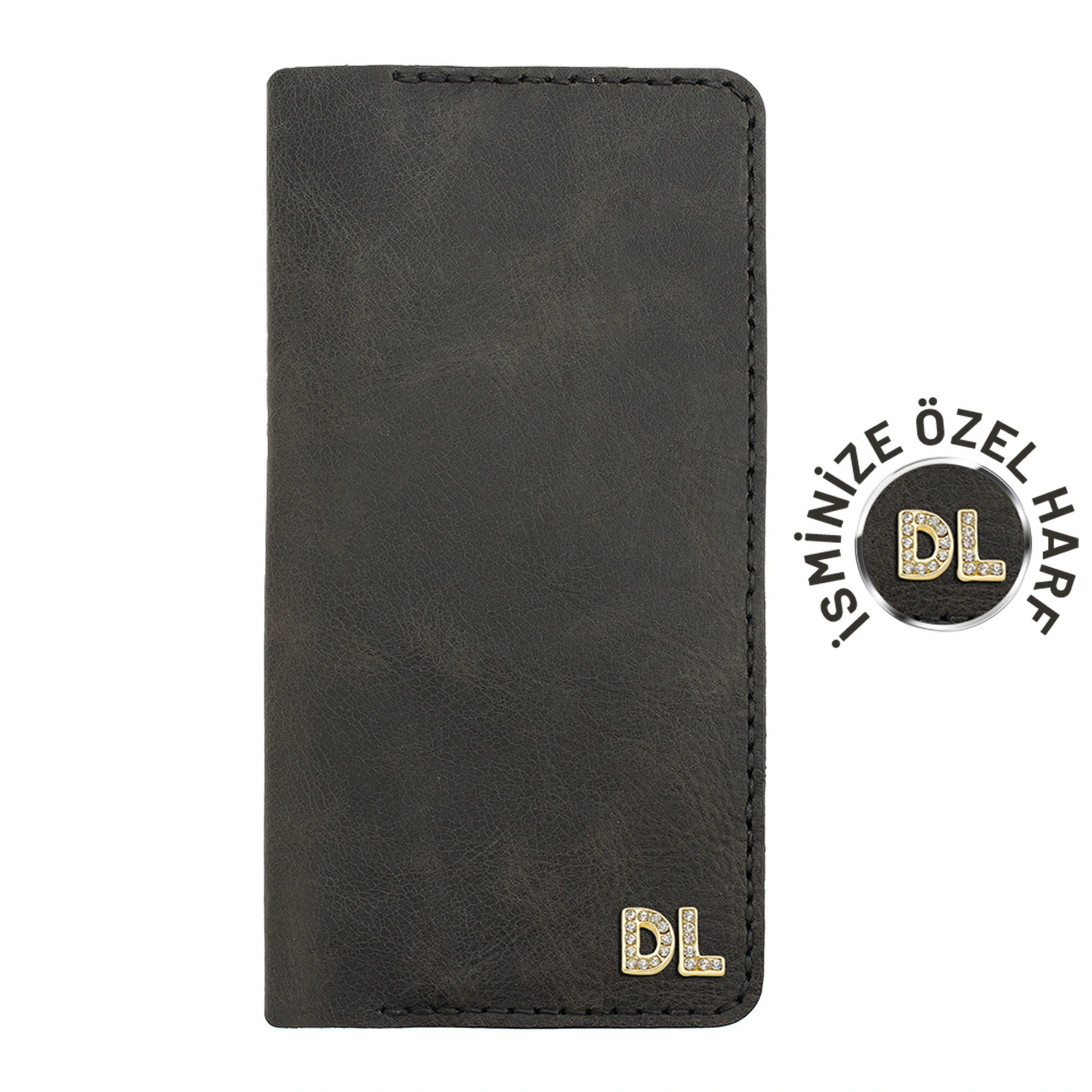 İsme Özel Dikey Uzun Cüzdan - %100 Rainbow Deri - A010007 - Antrasit